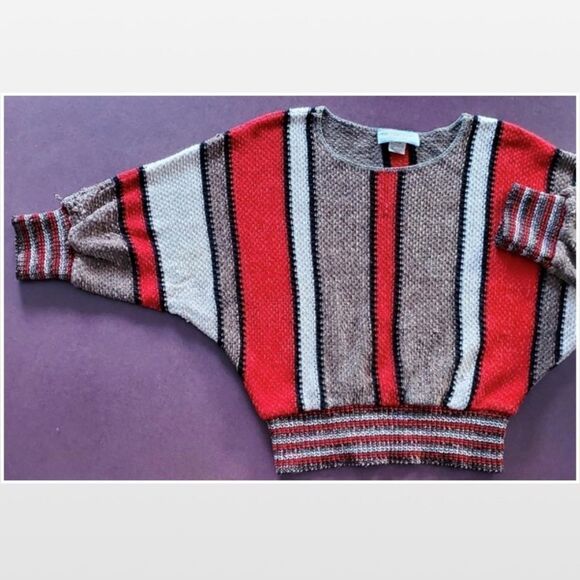 Vintage 80’s Vivanti Sweater Womens Small Knit Striped Batwing Red Brown White - Picture 3 of 15